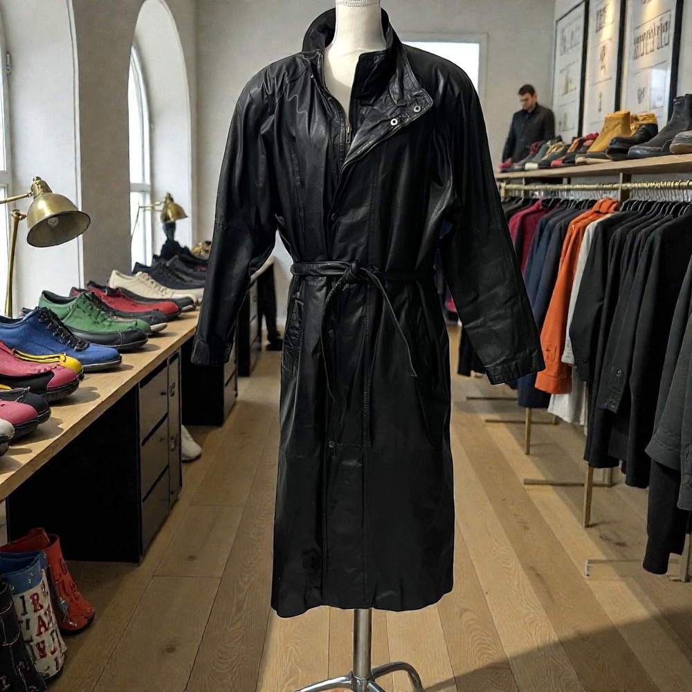 Pelle Studio Black Leather Belted Trench Coat with Removable Thinsulate Lining L